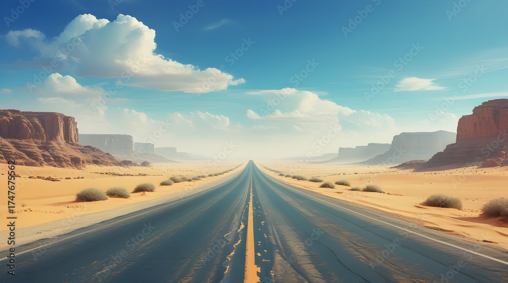 Fototapeta premium Endless Open Highway Leading to the Distant Horizon beneath a Bright Clear Blue Sky