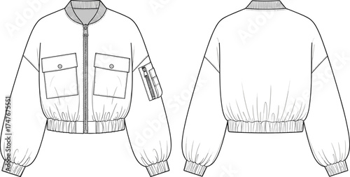 Fashion technical drawing of bomber jacket with ribbed collar, flap pockets, sleeve pocket, garment flat sketch, apparel design illustration, sewing pattern