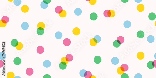 Abstract seamless horizontal modern colorful pattern with multicolored transparent confetti, polka dots on a light background, simple cute vector illustration, flat style