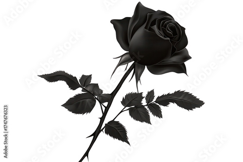 Enigmatic black rose with thorns isolated on a transparent background showcasing its intricate details, enhancing its dark beauty