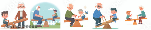 vector of grandfather playing seesaw with his grandson