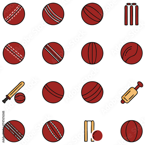 A colorful illustration features cricket sports equipment, including cricket balls with different stitches, a cricket bat, stumps, and bails. Perfect for sports-themed designs, instructional materials