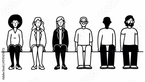 Line drawing of five diverse people sitting on a ledge in black and white minimalist style illustration