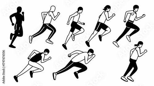 Collection of running figures in various poses and styles in black and white illustration design