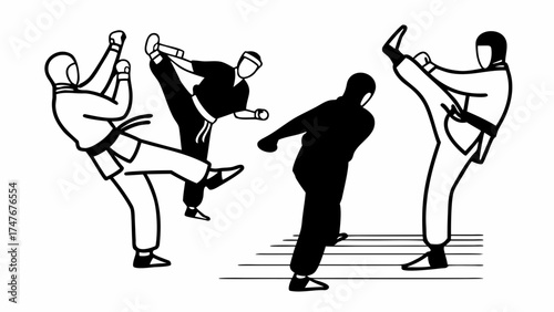 Four martial artists performing kicks and stances in a black and white vector illustration style