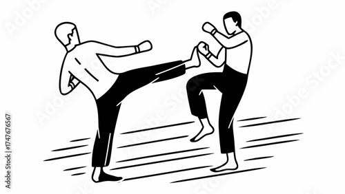 Two men in a martial arts stance one kicking and one blocking in a black and white line drawing style