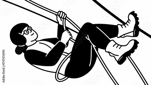 A person rappelling down a rope with boots and glasses in black and white line art illustration
