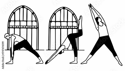 Three yoga poses in front of arched windows showing warrior one dancer and extended side angle poses