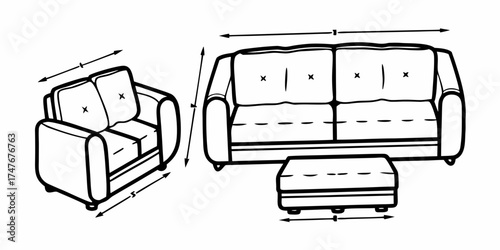 Outline illustration of a living room set including a sofa armchair and ottoman with dimension indicators