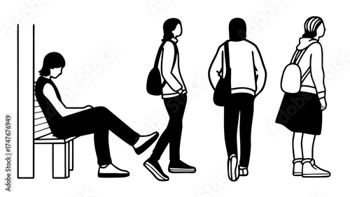 Illustration of four people in black and white with one sitting on a bench and three standing nearby