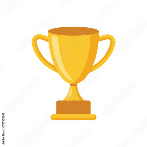 Golden trophy cup with handles and wooden base on white background