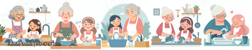 vector grandmother washing dishes with granddaughter