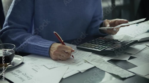 Person's hand calculating expenses on an energy bill with notes