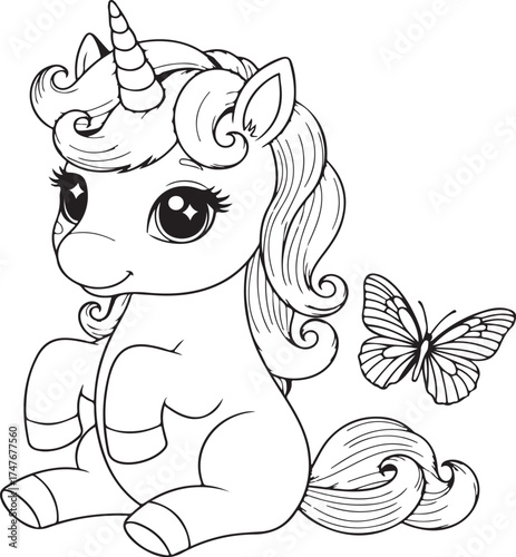Cute baby unicorn sitting with a butterfly on a white background Unicorn Coloring Book Unicorn Coloring page Coloring page Coloring book for kids