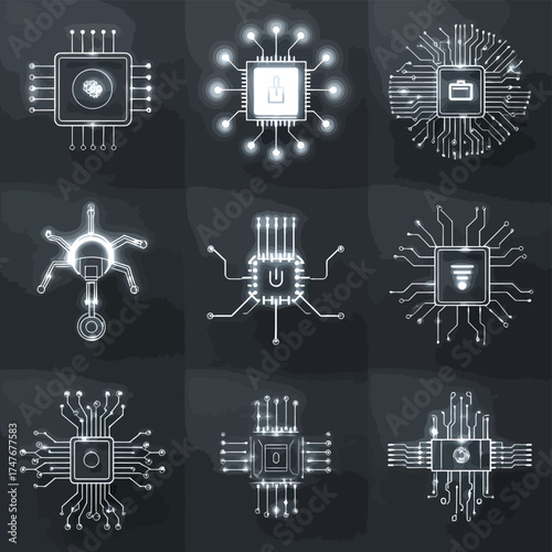 A collection of nine abstract white circuit board designs on a dark textured background display technology