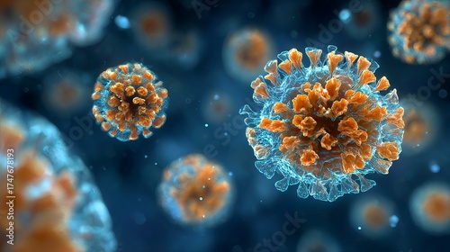 A 3D rendered depiction of influenza virus cells.
 