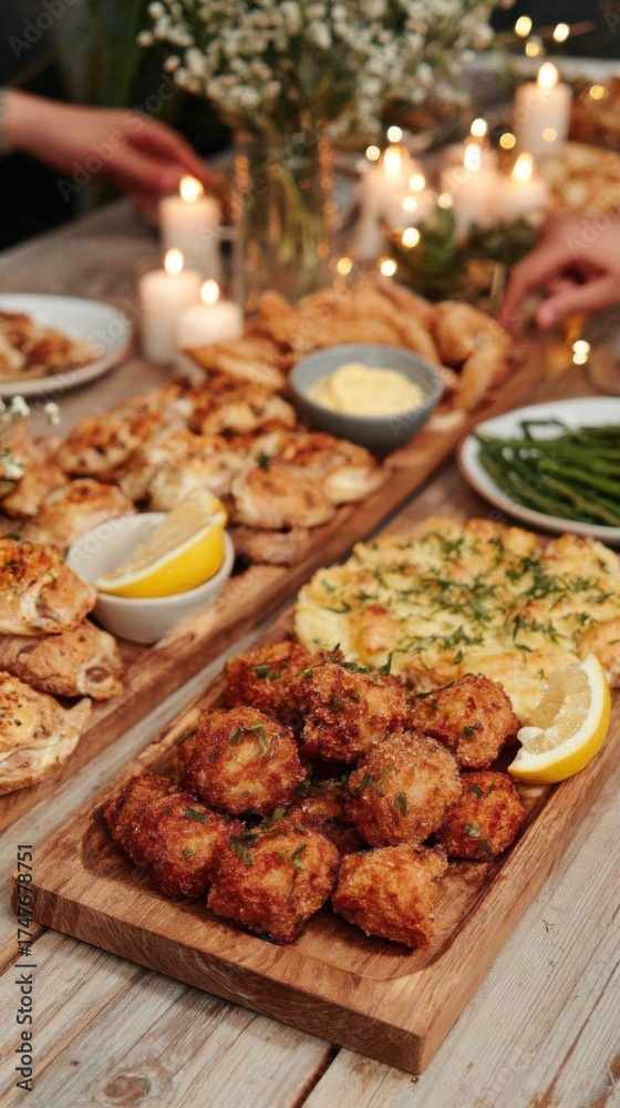 Obraz premium In a warm party setting, friends are sharing a festive meal filled with various dishes. Candles add a cozy glow as laughter and conversation fill the air, creating a joyful atmosphere