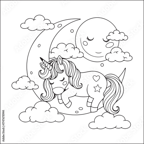 Adorable sleeping unicorn resting on a crescent moon surrounded by Unicorn Coloring Book Unicorn Coloring page Coloring page Coloring book for kids