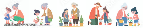 vector grandmother planting flowers with granddaughter