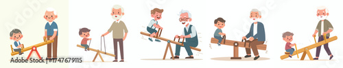 vector of grandfather playing seesaw with his grandson