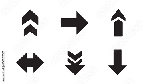 Collection of six black arrows pointing in different directions