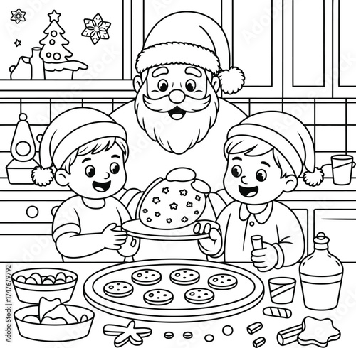 Santa and kids happily making cookies together isolated on transparent background