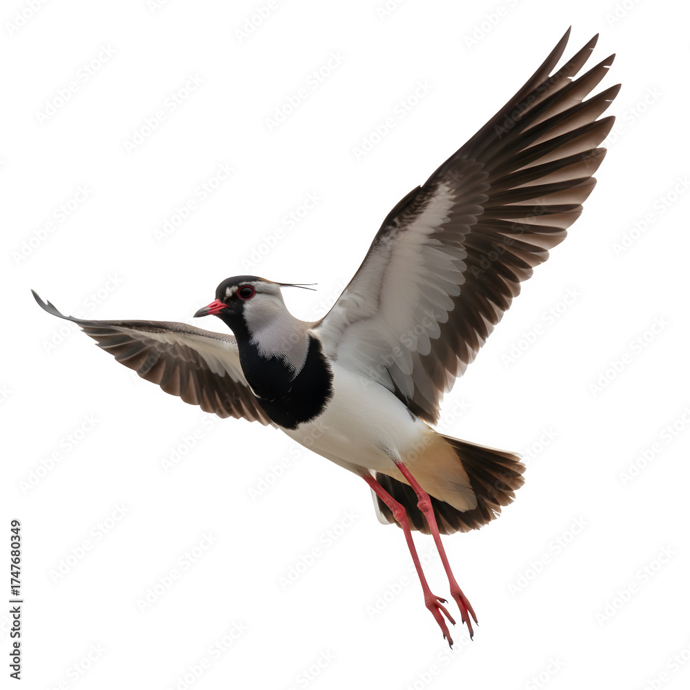 Obraz premium A flying Southern Lapwing with a black and white body, pink legs, and large wings spread wide. The bird is isolated on a transparent background.