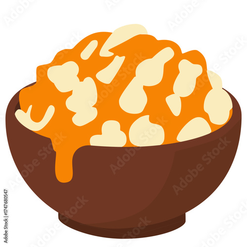 Bowl of caramel popcorn with golden syrup, crunchy sweet snack element for movie night or fast food illustration.