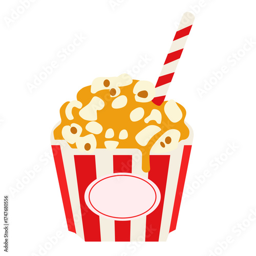 Striped popcorn cup filled with buttery popcorn, crunchy snack element perfect for movie, cinema, and fast food illustration.