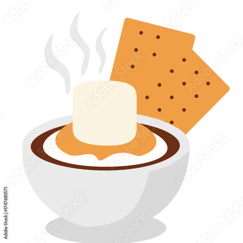 Hot chocolate drink with marshmallow and biscuit, warm sweet snack element perfect for cafe or cozy winter illustration.