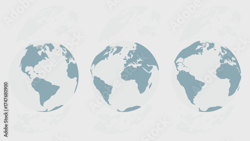Three light blue earth globes displaying different continents on a white background in a row format