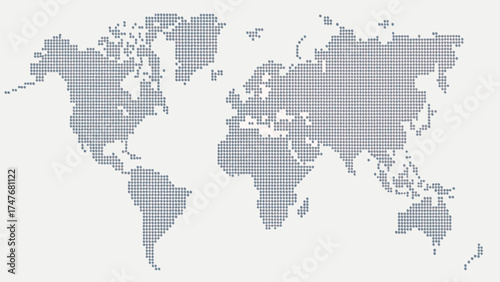 World map illustration made of small gray circles on a white background showing all continents clearly