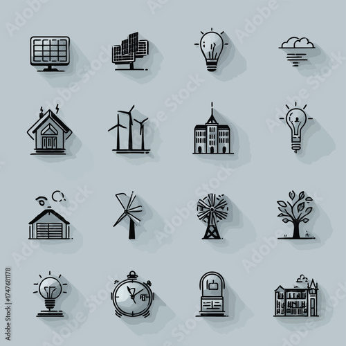 Illustration of sixteen energy and time related icons including solar panels wind turbines and light bulbs