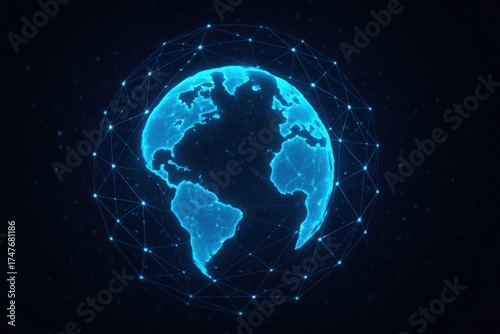 Glowing blue digital earth floats in abstract cosmic network with stars