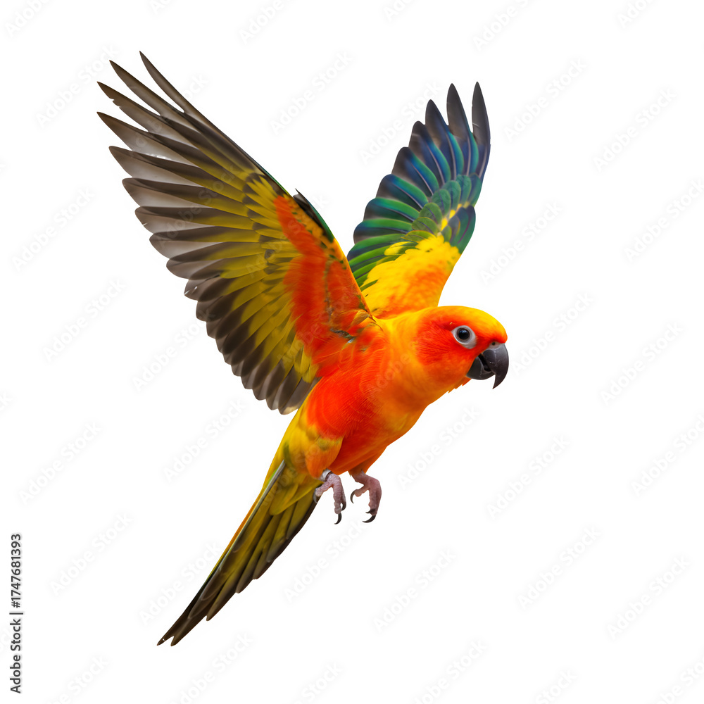 Obraz premium A vibrant sun conure parrot in flight. The bird displays bright orange, yellow, and green feathers. It has a black beak and expressive eyes, showcasing its beauty against a transparent background.