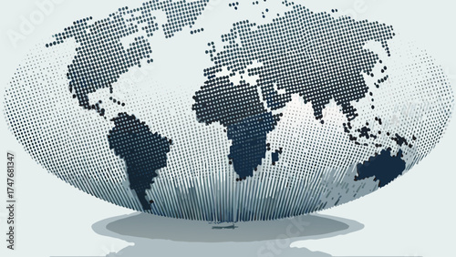 Dotted world map globe with continents and shadow effect in a halftone style design illustration