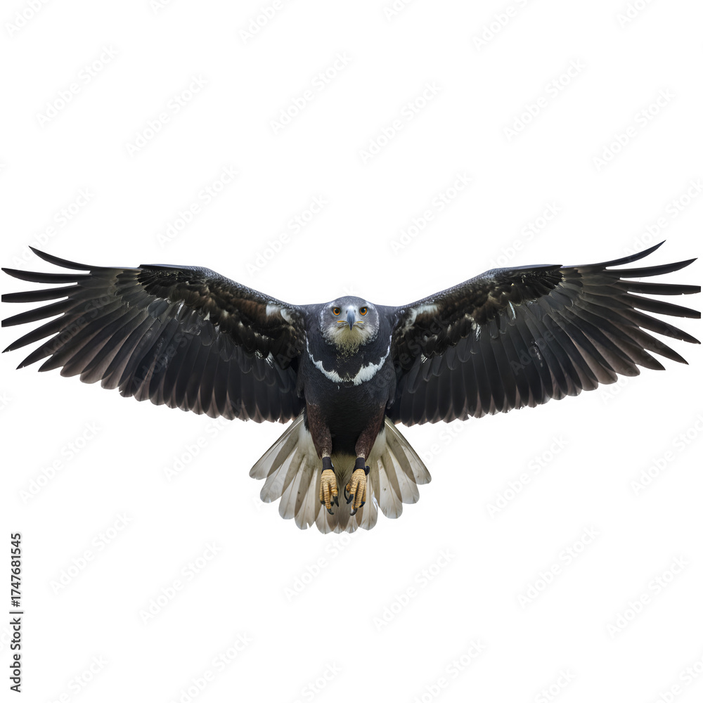 Obraz premium A majestic black and white hawk in mid-flight with wings fully spread. The bird displays sharp talons and a keen gaze, isolated on a transparent background.