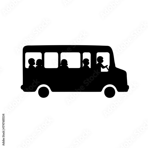 Black and white illustration of a bus carrying people and a driver