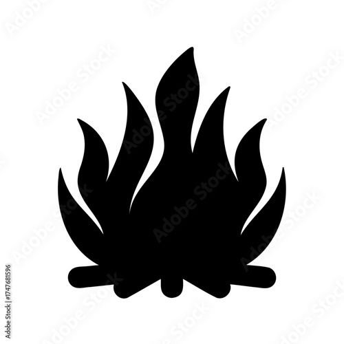 A bold black silhouette drawing of a lively and dynamic campfire