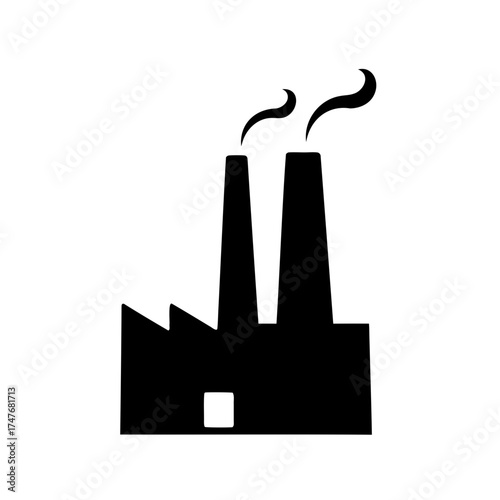 Black and white factory silhouette with billowing smoke rising from chimneys