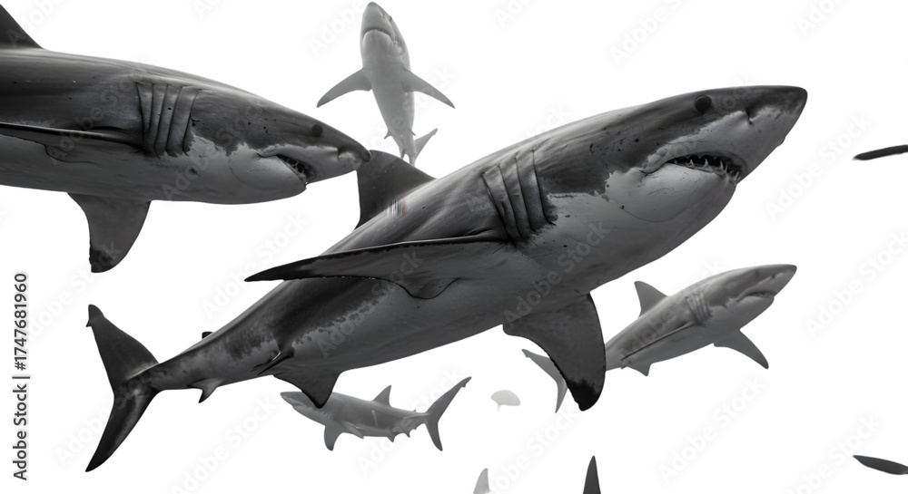 Naklejka premium Illustration of multiple sharks swimming on transparent background