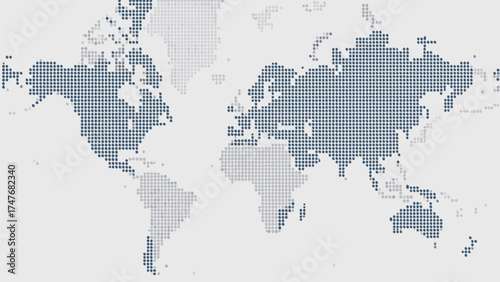 World map represented with dots in a light grey background showing continents and landmasses clearly