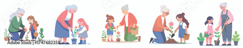vector grandmother planting flowers with granddaughter