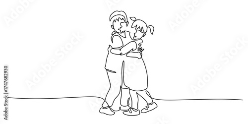 One Line Drawing Two Siblings Embracing.