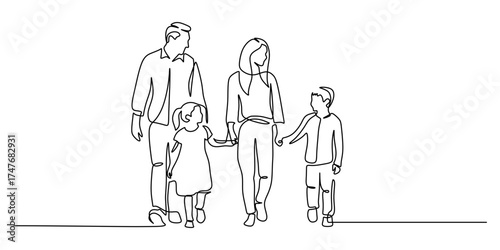 One Line Art Silhouette of a Family Walking Together