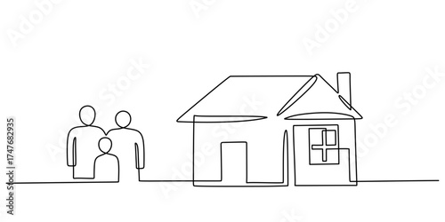 One Line Sketch of a House with a Family in Front