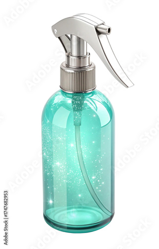 Sparkling turquoise spray bottle for cleaning or beauty solutions, professional product shot perfect for modern health and wellness brands, fresh vibrant feel