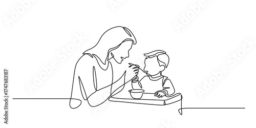 One Line Art of a Mother Feeding Her Toddler