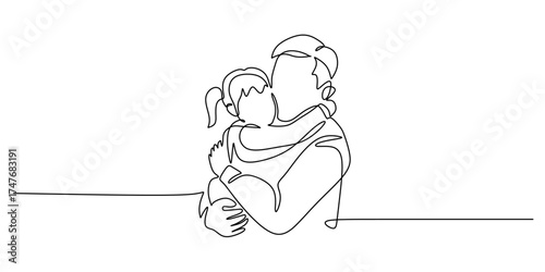 Single Line Art of a Father Hugging His Daughter