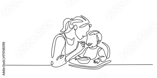 Single Line Art of a Mother Nurturing Her Child with Food